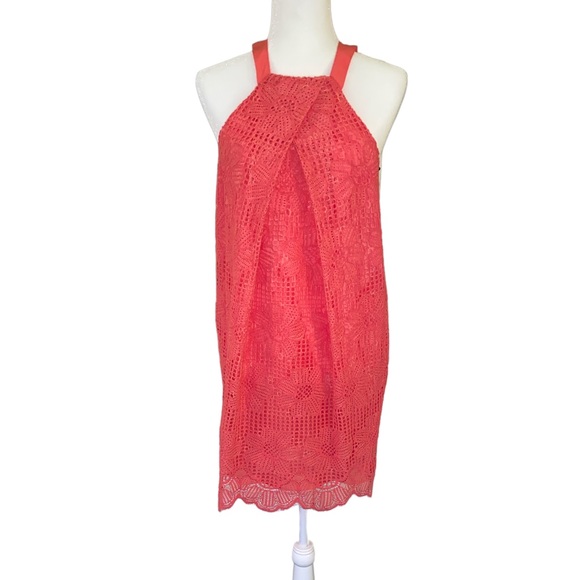 NWT Trina Turk Felisha Coral Lace Draped Halter Mini Dress in Guava - 4 - Picture 4 of 16